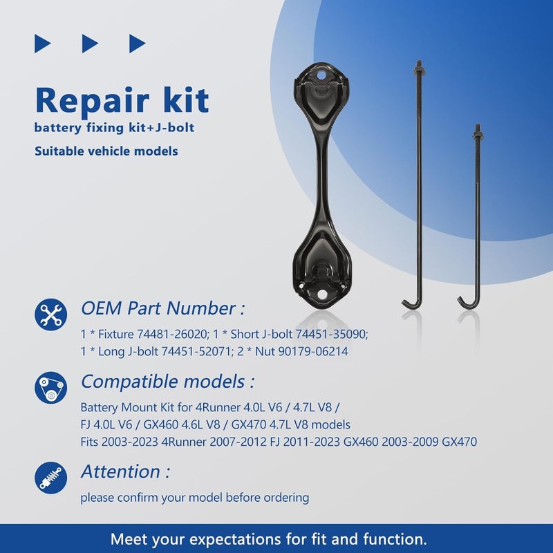 GNXFixt Battery Hold Down Kit Fit for 4Runner 2003-2023 FJ 2007-2012 GX460 GX470 Replace 74481-26020, with 304 Stainless Steel J-bolts and Nuts, Battery Mounting Bracket Kit - Image 2